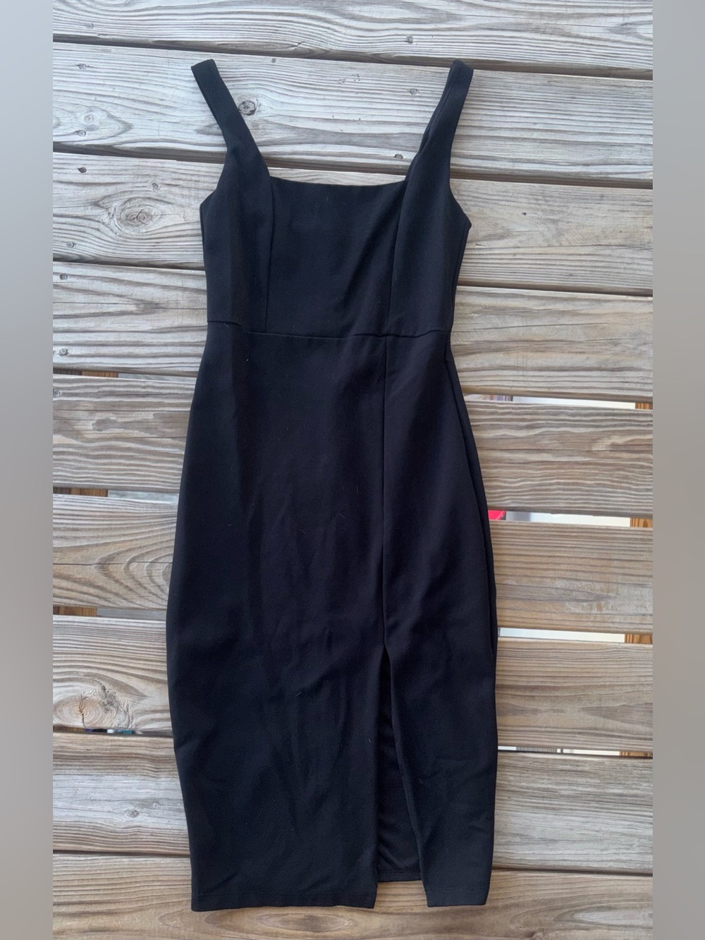 Lulus Black Slit Midi Cocktail Dress | Size Small | Square Neck Bodycon